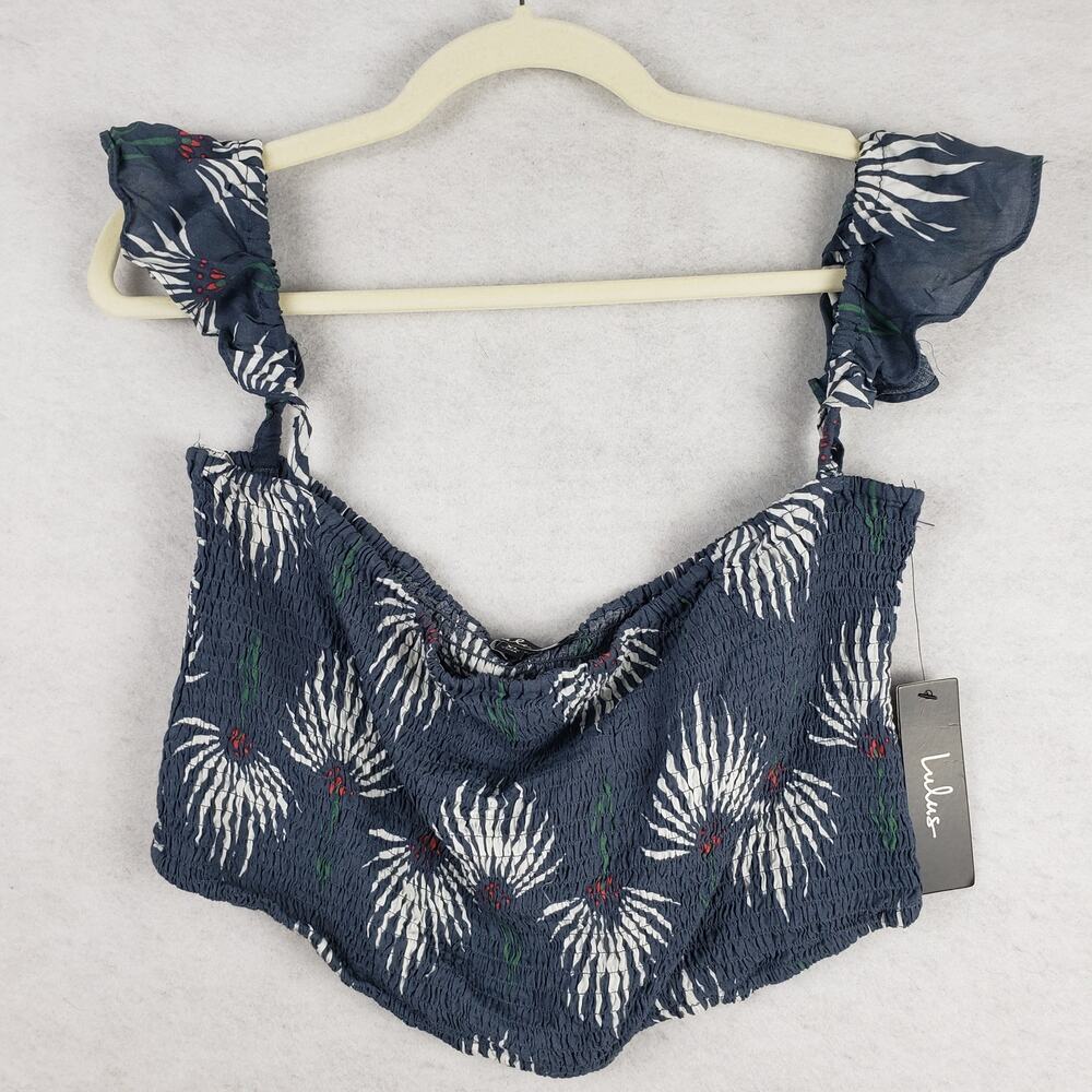Lulus Size XL‎ Flutter Sleeve Smocked Crop Top Dusty Blue Floral Beach Vacation